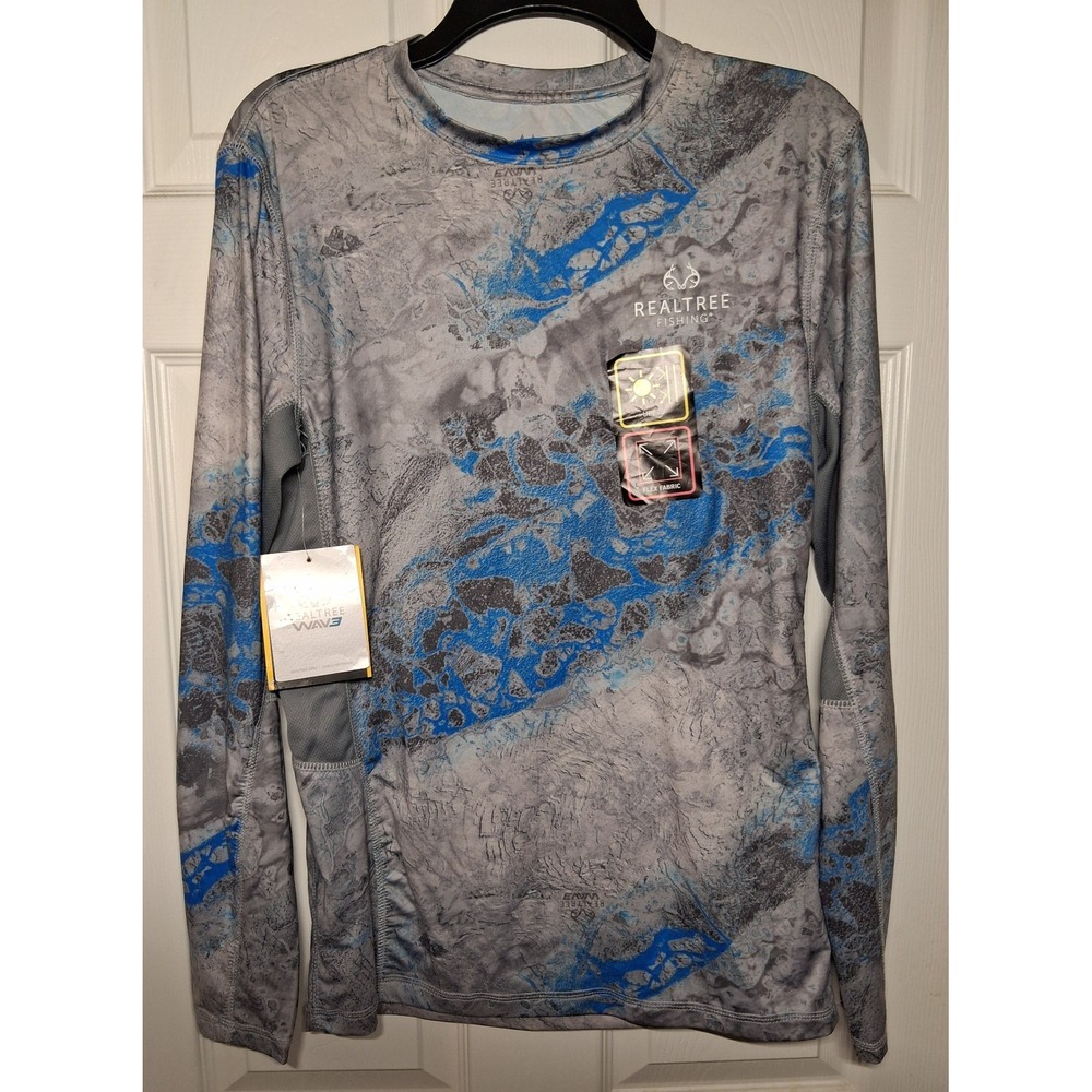 Realtree Fishing Wave Mens Small Performance Shirt Sun Protection Blue Gray Camo